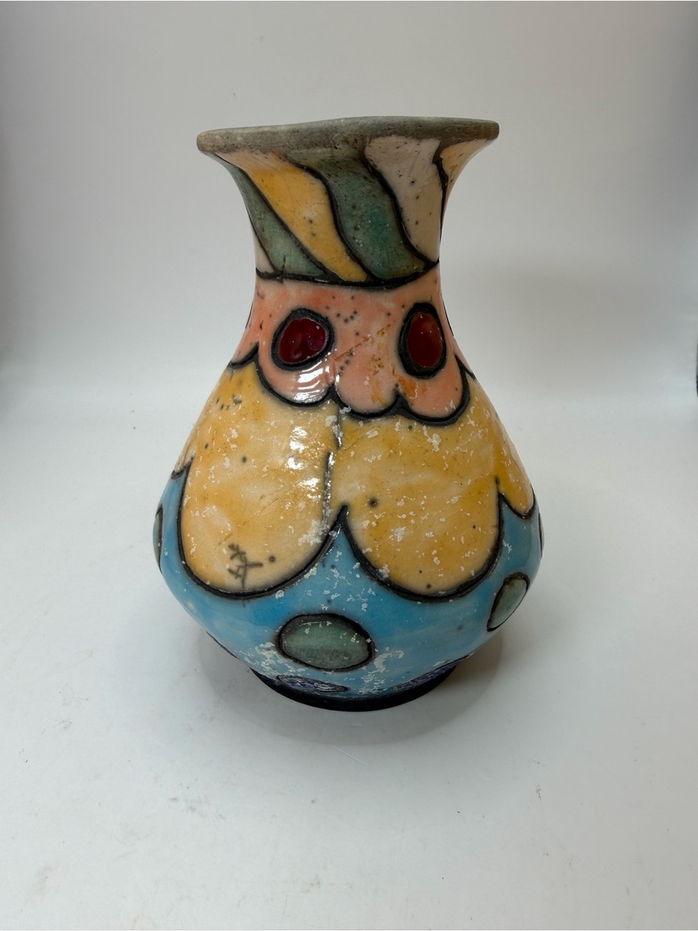 Colorful Decorative Ceramic Raku Vase - Yellow Blue Accent. Made in Mexico.